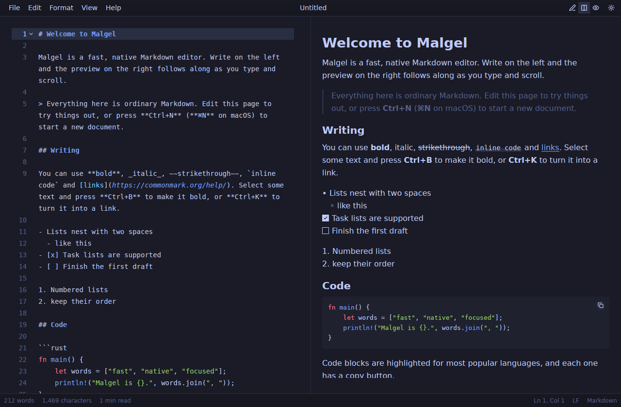 Malgel showing its welcome document in the editor and the live preview